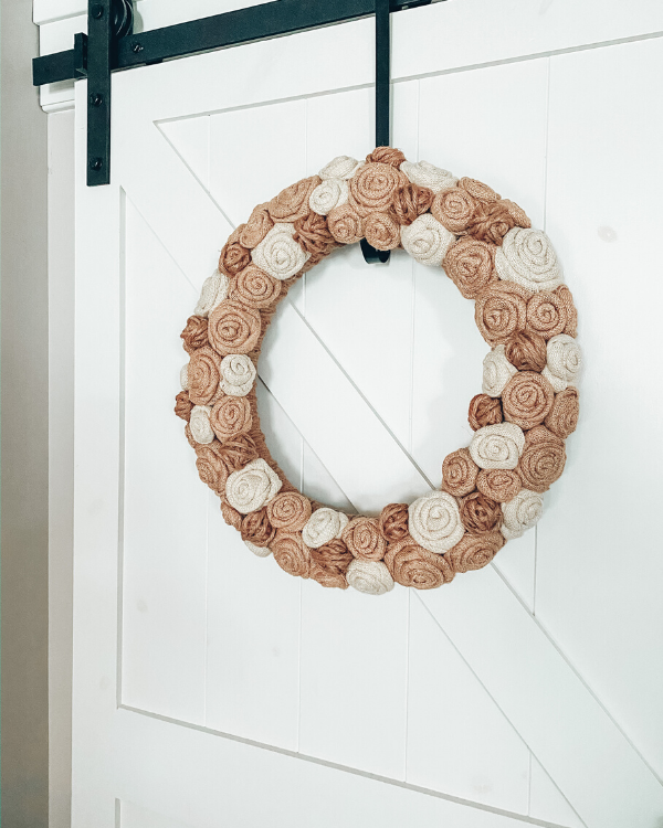 Burlap Rose Wreath on a barn door