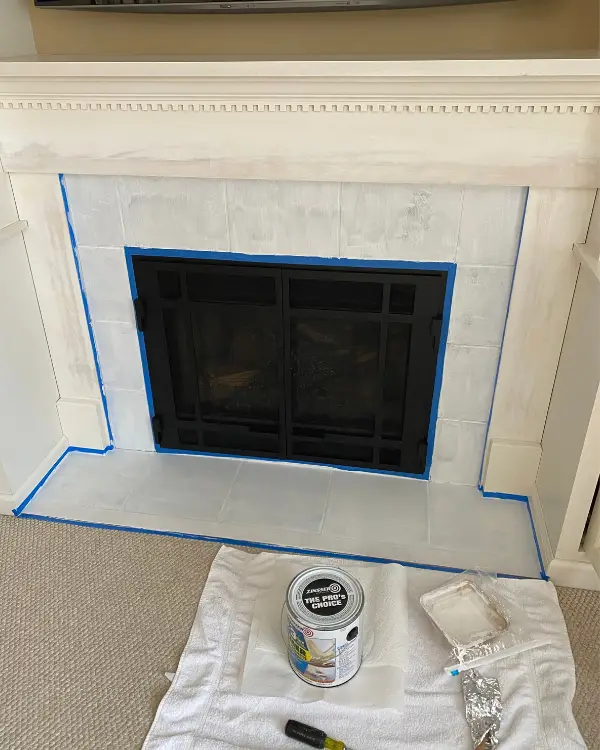 Painting The Tiles Fireplace Makeover, How To Paint Over Tile Around Fireplace