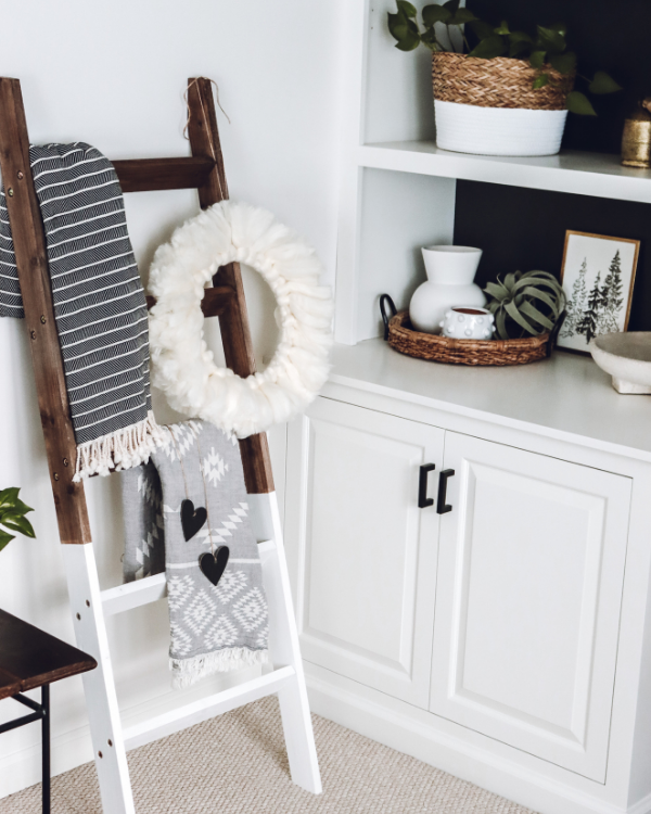 Boho wreath on display on a blanket ladder