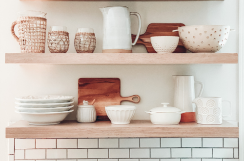 The floating shelves in the kitchen
