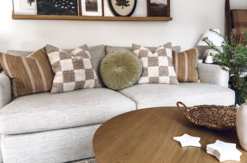 art ledge decorated with Christmas art